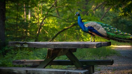 Fototapeta premium Peacock ona picnic table in a park