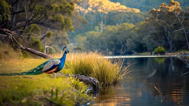 Peacock on a meadow at cataract gorge reserve a river gorge by the cit