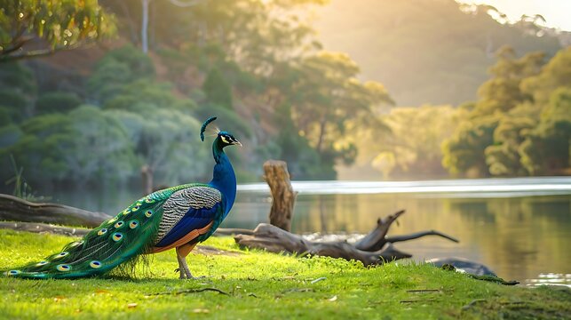 Peacock on a meadow at cataract gorge reserve a river gorge by the cit