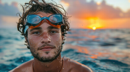 Fototapeta premium A man in a swimsuit is wearing goggles and smiling at the camera. The water is calm and the sky is orange and pink