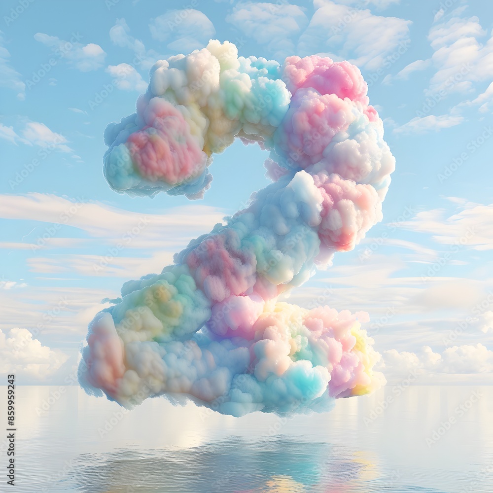Poster whimsical floating clouds form number 2 over serene waters