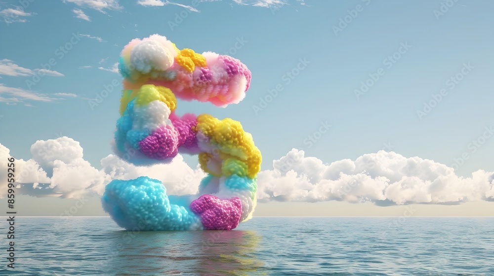 Wall mural whimsical multicolored clouds forming the number 5 over a serene ocean