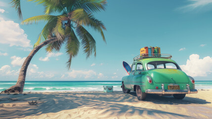 Obraz premium Vintage Green Car Under Palm Tree at Beach 