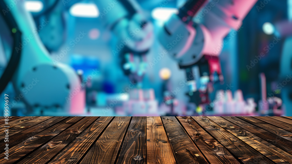 Aufkleber empty wood table top with blur background of factory with robotic arms. the table giving copy space 