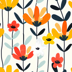 Seamless floral pattern of wild field grass flowers isolated on white background. Spring, summer botanic  background for design, print, card, paper, wallpaper, postcard, poster, cover, fabric. 