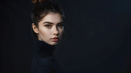 Fototapeta premium Perfect art woman in black turtleneck on a dark background Brunette long hair is pulled into a bun Evening makeup : Generative AI