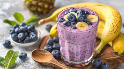A close-up of a refreshing blueberry banana smoothie topped with blueberries and banana slices. The smoothie is in a glass and sitting on a wooden board with fresh fruit around it
