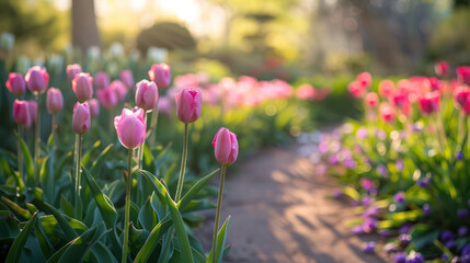 A close-up shot of pink tulips blooming in a garden path, with the setting sun illuminating the scene