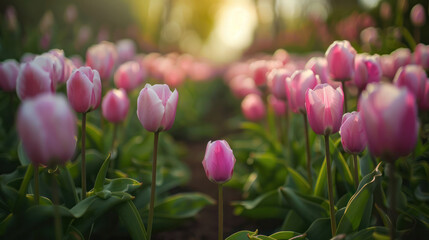 Fototapeta premium A close-up shot of pink tulips in a field, with the sun setting in the background. The suns rays shine through the tulips, creating a warm and inviting atmosphere