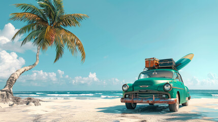Obraz premium Beach Scene: Green Car with Luggage 
