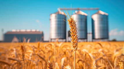 A close-up shot of a single stalk of wheat in a field with grain silos in the background. The wheat is golden brown and the silos are silver