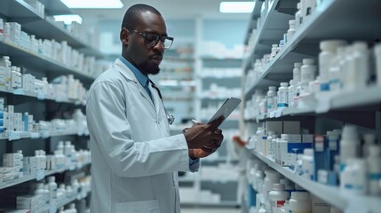 A man in a white lab coat is looking at a tablet while standing in a pharmacy. He is holding a tablet in his hand and he is checking a prescription. The pharmacy is filled with various medications