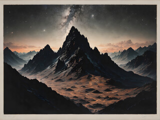 A dark silhouette of a mountain range against a star-studded sky.