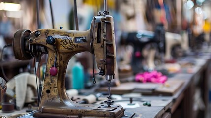 Sewing machines and tailoring tools at textile factory