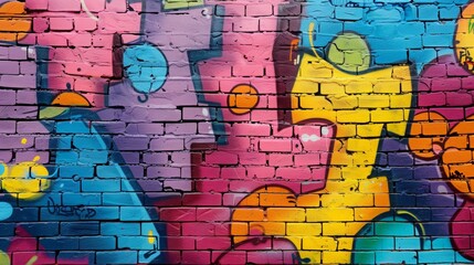 a brick wall covered with graffiti in 90s aesthetics, bright colors, neon