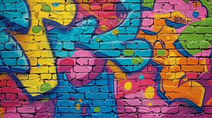 a brick wall covered with graffiti in 90s aesthetics, bright colors, neon