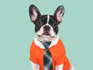 Serious, cute puppy and stylish tie. Isolated background. Closeup, indoors. Studio shot. Day light. Beauty and fashion. Concept of care, education, training and raising pets