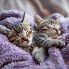 Cute kittens sleep on a soft blanket. Cats are resting, dozing on the bed. Pets sleep in a cozy house.