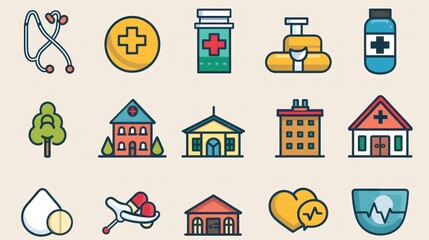 A detailed set of 2D health and medical icons that includes hospital buildings, medical exams, and medication symbols. These icons are ideal for use in health apps, websites, and printed materials.
