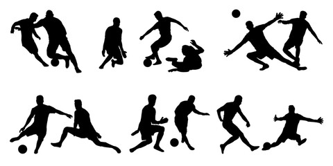 A set of pair silhouettes soccer player. Player and goalkeeper silhouettes in lots of different action poses. High quality isolated on white background. Vector illustration