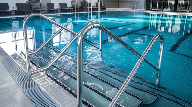 Stainless steel natatorium swimming pool ladder with hand rails at in inside public swimming pool