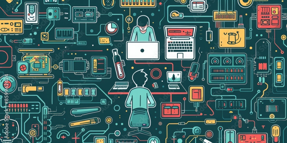 Poster a cartoon showing a man working with laptop there are icons related to science data