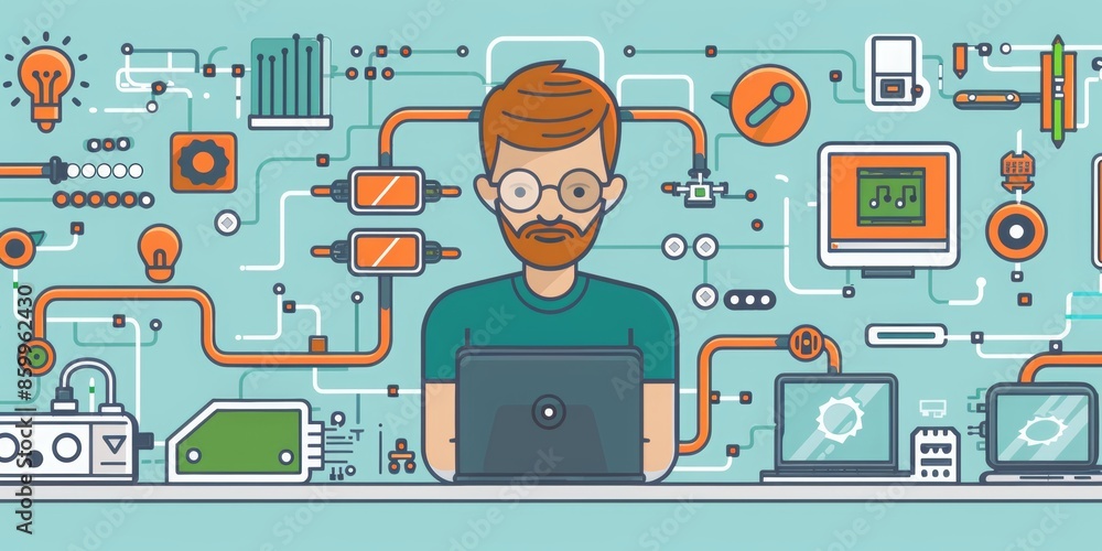 Poster a cartoon showing a man working with laptop there are icons related to science data
