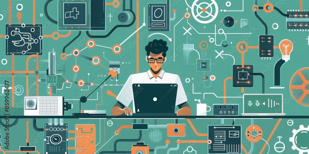 Poster a cartoon showing a man working with laptop there are icons related to science data