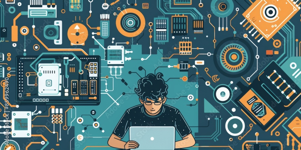Poster a cartoon showing a man working with laptop there are icons related to science data