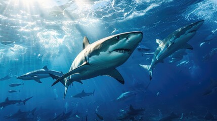 Fototapeta premium A shark in the vastness of the ocean. An open dangerous mouth with many teeth. The waves of the blue sea, clear water.