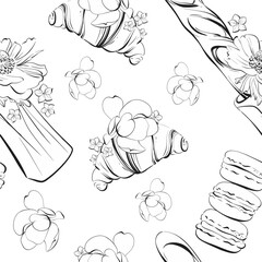 Vector seamless pattern french croissant and baguette. Macaroons and French pastry dessert. Paris cafe bakery, hand drawn illustration. Black silhouette for circuit. Design of postcards, menus