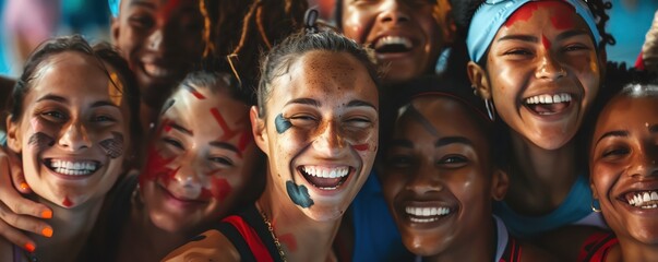 Diverse group of athletes posing together for a photo at Paris 2024, smiling and celebrating their achievements, capturing the essence of Olympic spirit, joyful and vibrant