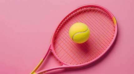Tennis ball is trapped in the neck of the racket on a pink background
