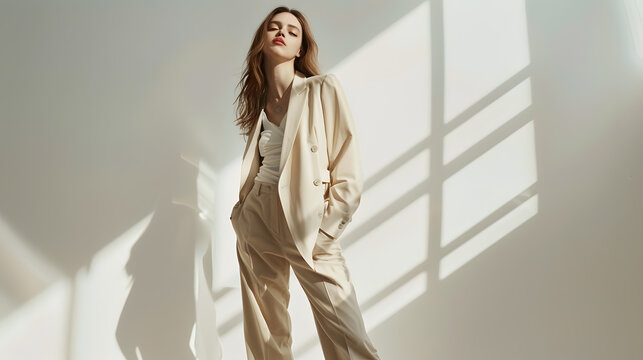 Full length shot of a beautiful brownhaired girl fashion model posing in a loose beige pantsuit on a white studio background Elegant style Fashion shot : Generative AI