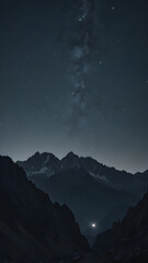A dark silhouette of a mountain range against a star-studded sky.