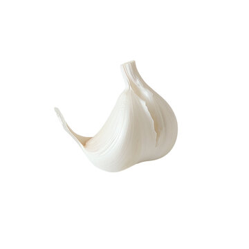 Close-up of a single garlic clove isolated on a white background, highlighting its texture and fresh appearance.