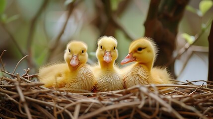 Three yellow ducklings await the birth of their siblings about to hatch in the bird nest