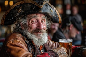 A brave pirate captain, wearing a leather hat, a mug of ale in his hand, sitting at a bar, a concept of adventure.