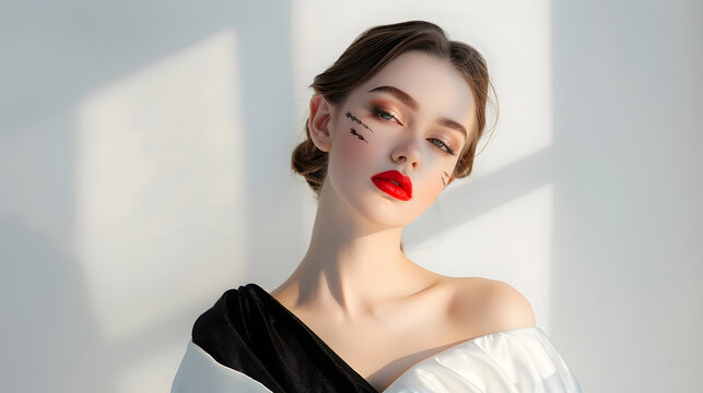 Beautiful young elegant girl in a white gown and a black dress with valans Portrait on white background Bright makeup  red lips arrows in front of eyes Fashionable attire gamur luxury  : Generative AI