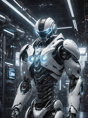 Fototapeta premium A 3D illustration of a futuristic robot, designed with sleek lines and advanced technology. The robot is shown in a dynamic pose, with glowing elements and a high-tech environment