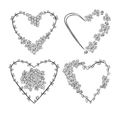 Set of linear heart frame made of flowers. Sketch outline vector