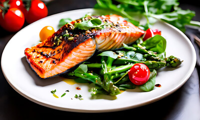 grilled salmon steak with vegetables, Generative AI