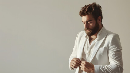 bearded man adjusting open collar shirt wearing white suit for white party and looking to side posing with hand in pocket in studio : Generative AI