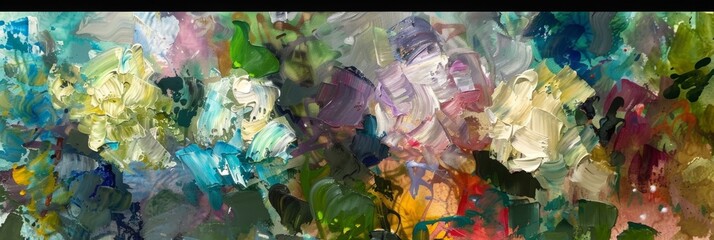 Fototapeta premium Abstract Impressionist Flowers on a Banner, Paint Brushstrokes, Oil, Oily Florals, AI Generated