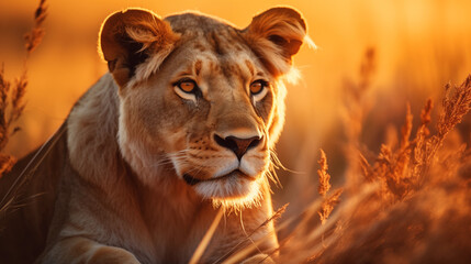 Naklejka premium Majestic lioness resting on the savannah, with the golden hour light illuminating fur.