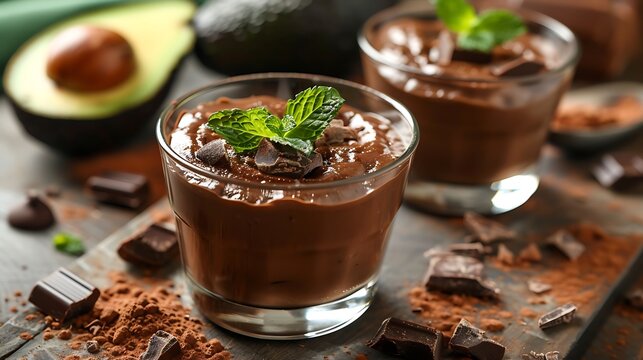 Vegan avocado chocolate mousse garnish with mint leaf