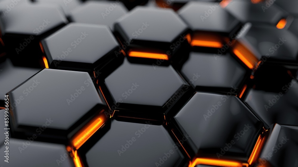 Poster abstract 3d rendering of glossy black hexagonal tiles with orange glowing edges. digital art of geog