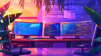 Fototapeta premium Neon Coding Workspace.