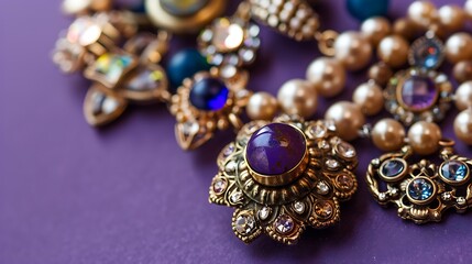 Vintage costume jewellery on purple background