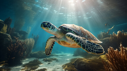 Obraz premium A sea turtle swimming near the ocean floor, with rays of sunlight piercing through the water.